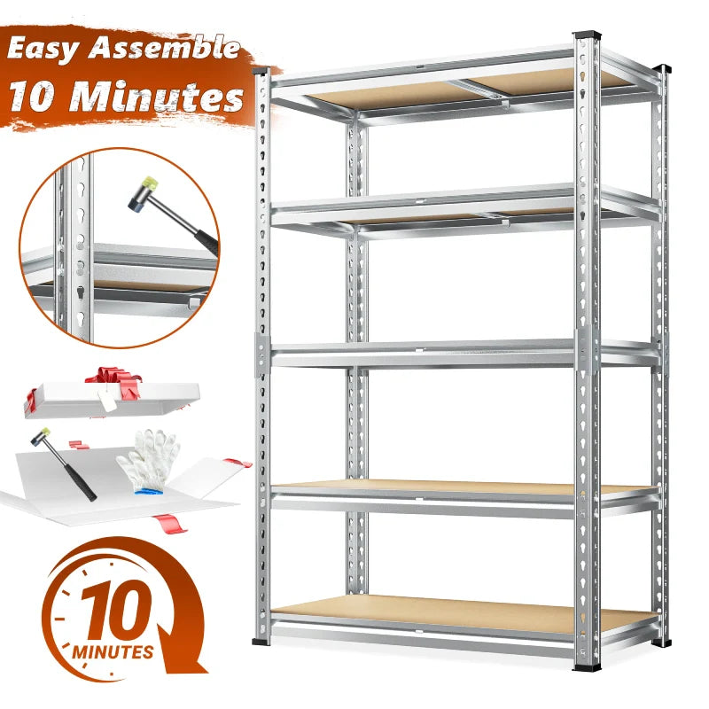 35.5"W Garage Shelving, 5-Tier Adjustable Metal Shelves, Storage Rack for Kitchen Pantry Basement, Galvanized