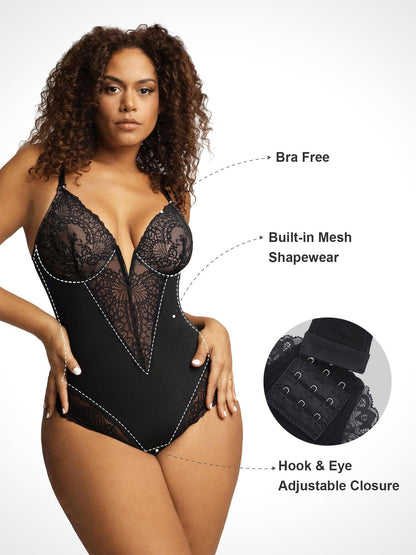 【🔥Big Sale🔥】【80% off for a limited time】Shapewear Lace Deep-V Neck Bodysuits or Faux Leather Skirts