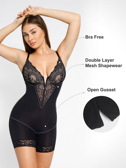 【🔥Big Sale🔥】【80% off for a limited time】Shapewear Lace Deep-V Neck Bodysuits or Faux Leather Skirts