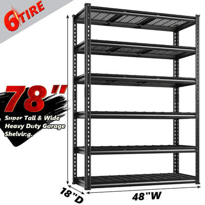 48"in x 18"in Heavy Duty Metal Shelving 3300LBS  Industrial Storage Shelves 6 Tires Black Shelves Adjustable Shelving food store shelves for Garage,Warehouse,Basement